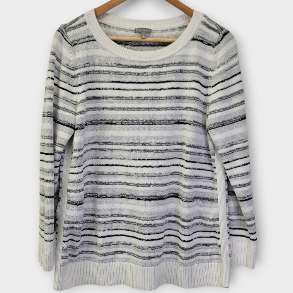 T by Talbots Striped Knit Sweater Womens Large White Gray Black Casual Preppy
